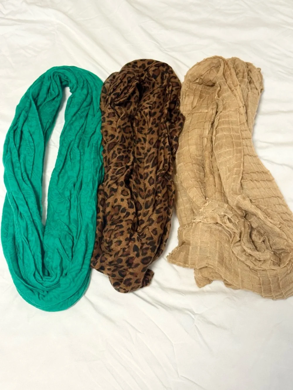 3 Pc Scarf Bundle Leopard Green Beige Lightweight Infinity Wrap Lot - Picture 2 of 8